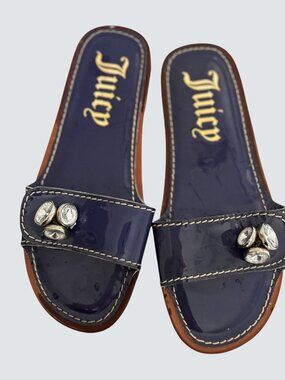 Juicy Couture Womens Navy Blue Patent Leather Rhinestone Slide Sandals Size 6